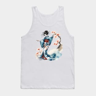 Japanese geisha dancing, sumi e watercolor design Tank Top